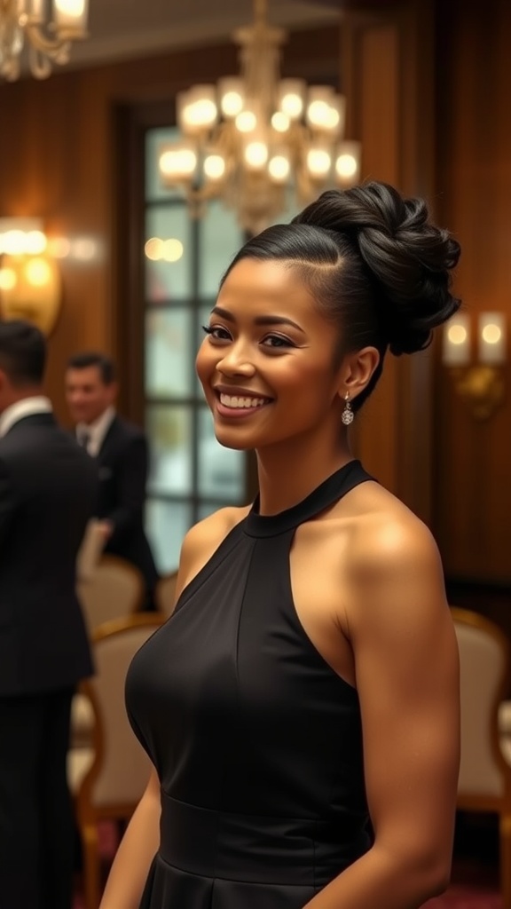 A woman with a stylish twist out hairstyle, wearing a black dress and smiling in a well-lit room.