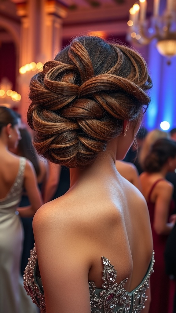 A woman with a twisted updo hairstyle, featuring wavy hair, wearing an elegant dress at a formal event.