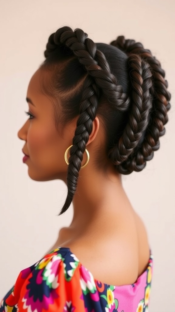 A woman with an elegant updo featuring braided hairstyles, wearing a colorful dress.