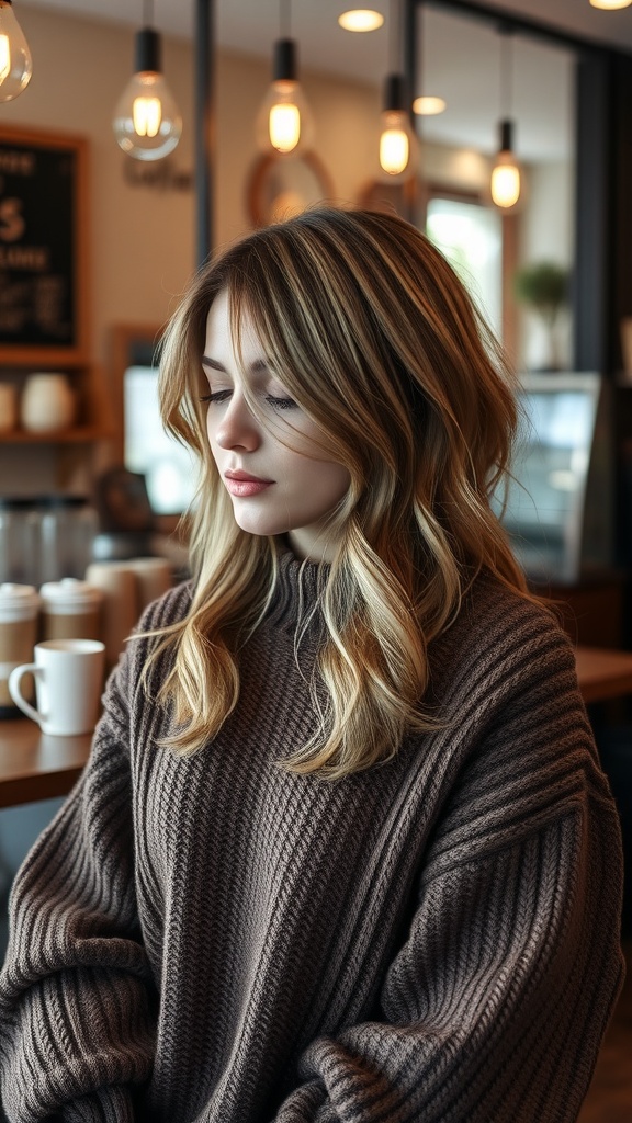 A woman with long, subtly layered hair wearing a cozy sweater.