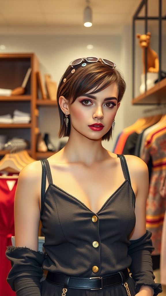 A young woman with a feminine undercut bob hairstyle, wearing a stylish outfit and accessories.