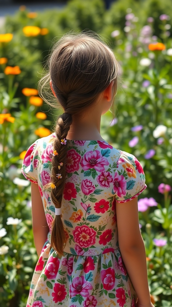 A girl with a fishtail braid adorned with flowers, standing in a vibrant garden.