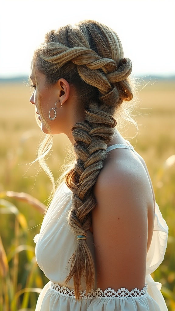 A side view of a girl with a fishtail braid and soft waves, wearing a stylish outfit.
