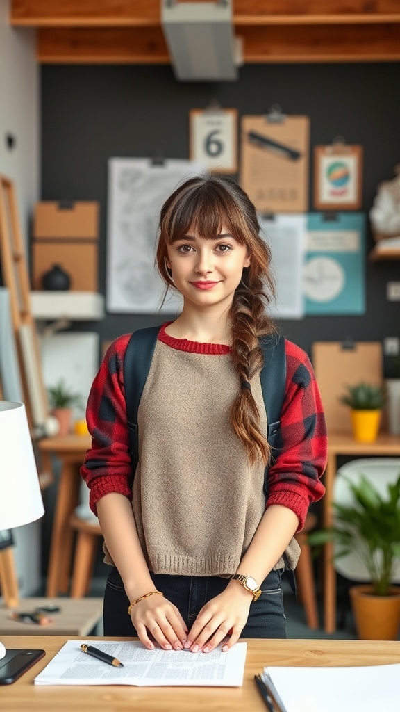 A girl with a French braid and side swept bangs, wearing a cozy outfit, stands confidently in a stylish workspace.