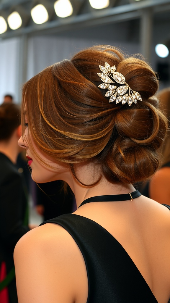 A woman with a glamorous blowout hairstyle featuring a jeweled hair accessory.