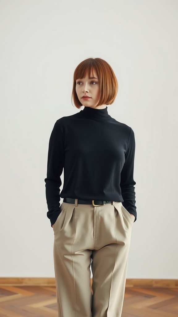 A woman with a stylish bob cut, wearing a black top and beige trousers.