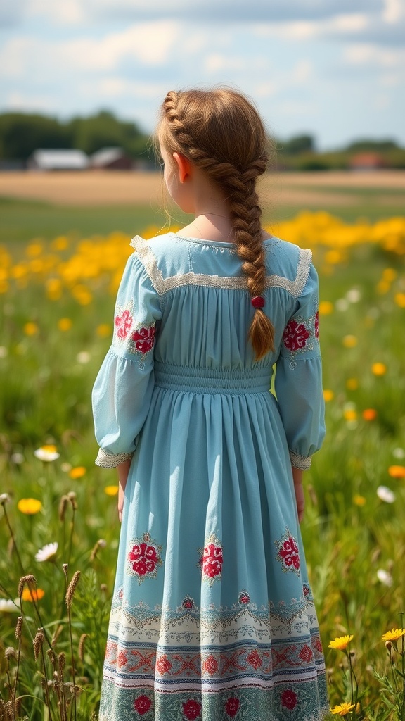 A girl wearing a blue embroidered dress, showcasing a half-up braided hairstyle.