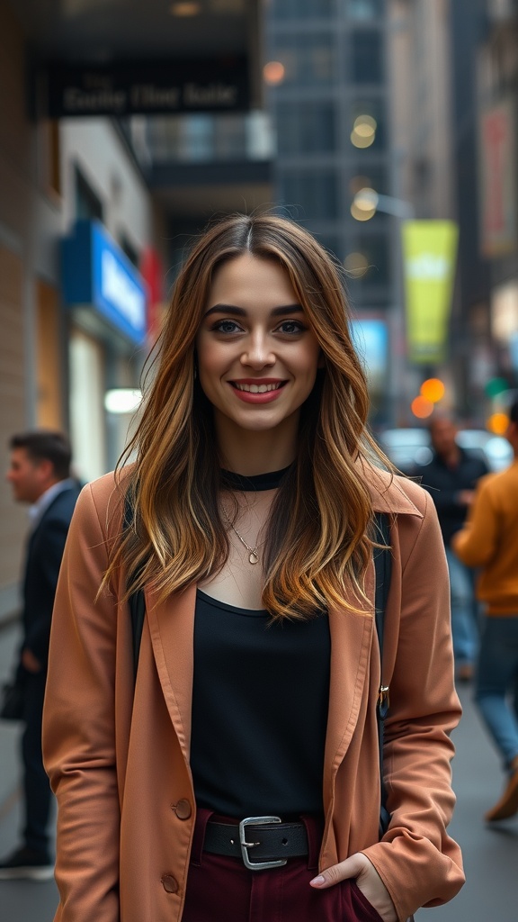 A woman with long hair styled in a half-up half-down hairstyle, wearing a stylish outfit.