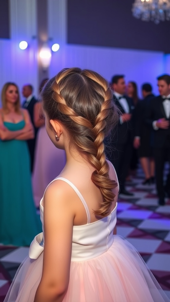 A young girl with a halo braid hairstyle, wearing a stylish dress, in a festive setting.