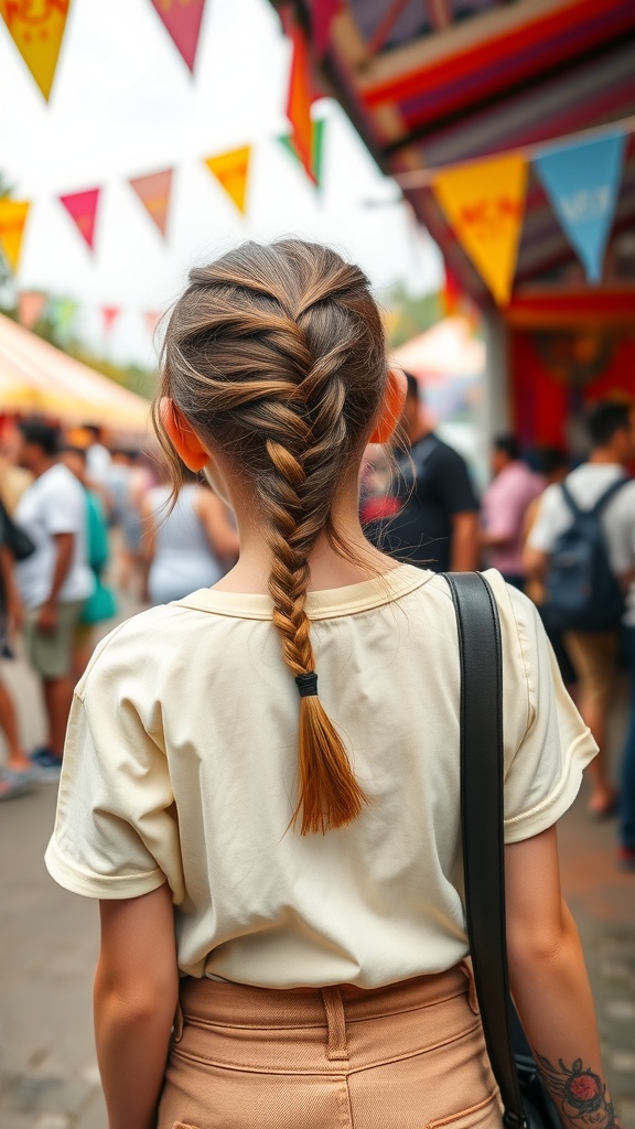 A girl with an infinity braid hairstyle, wearing a light-colored shirt and standing among a crowd.
