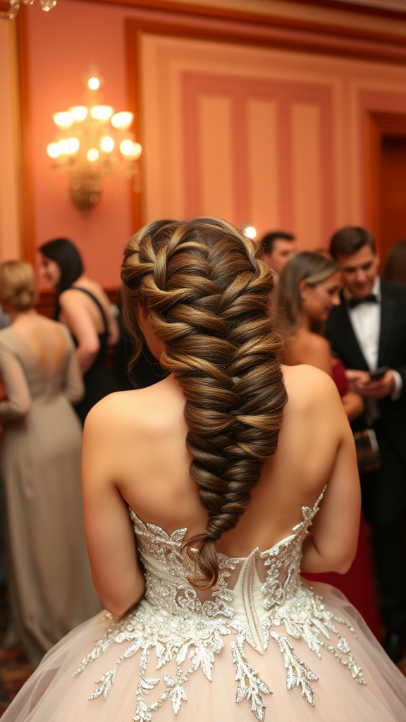 A woman showcasing an intricate braided updo hairstyle.