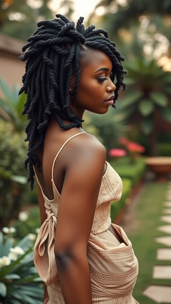 A woman with intricate Senegalese twists hairstyle, wearing a full outfit, posed in a garden setting.