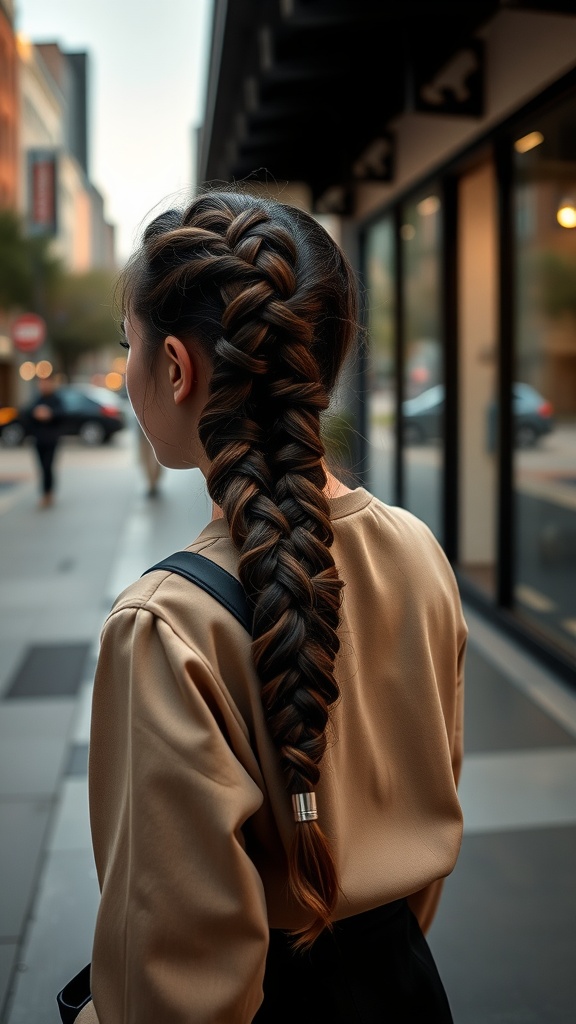 A girl with a stylish ladder braid hairstyle, wearing a light-colored top and walking in a city.