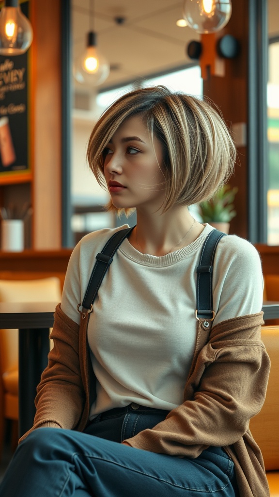 A girl with a layered undercut bob hairstyle, wearing a stylish outfit in a cozy setting.
