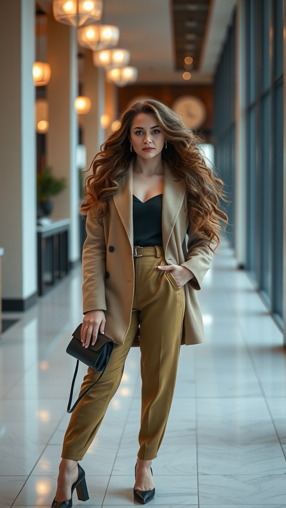 A woman with layered wavy hair, styled elegantly in a chic outfit, standing confidently indoors.