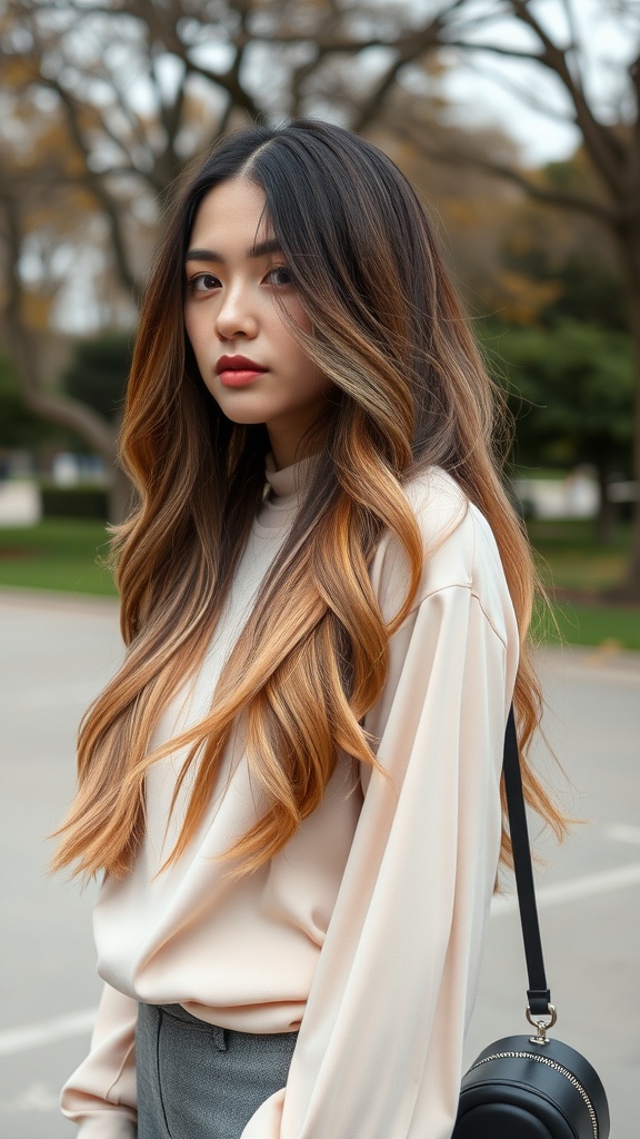 A woman with long hair styled in a subtle ombre effect, wearing a light top and carrying a black bag.