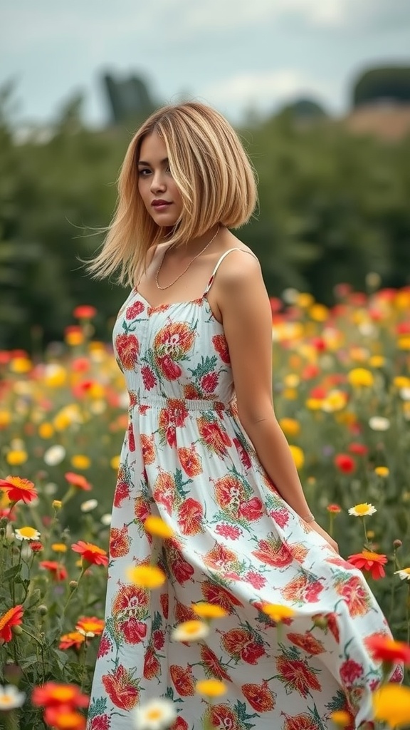 A girl wearing a floral dress in a field with flowers, showcasing a long undercut bob hairstyle.