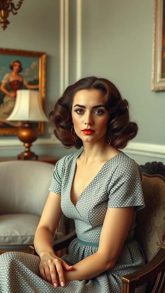 A woman with vintage finger waves hairstyle, wearing a stylish dress, sitting elegantly in a cozy room.