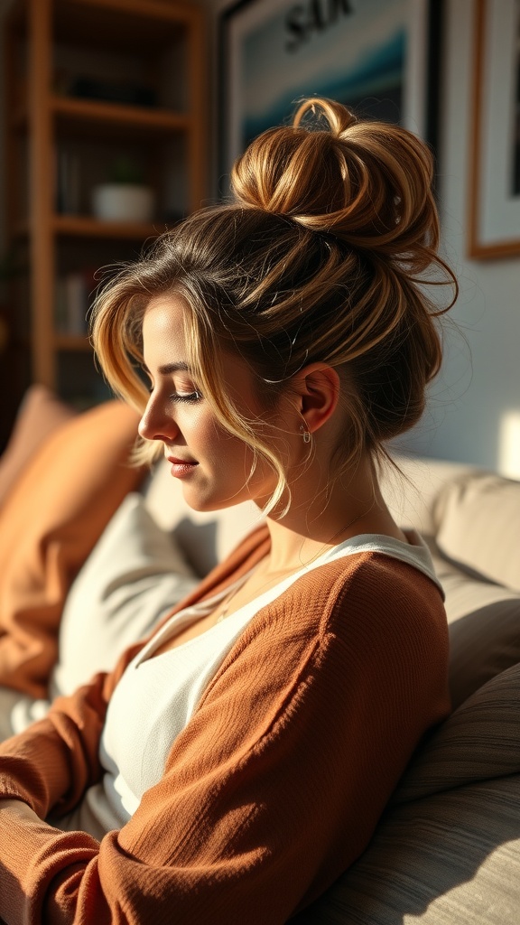 A woman with a messy bun and soft waves, sitting on a couch in a cozy setting.