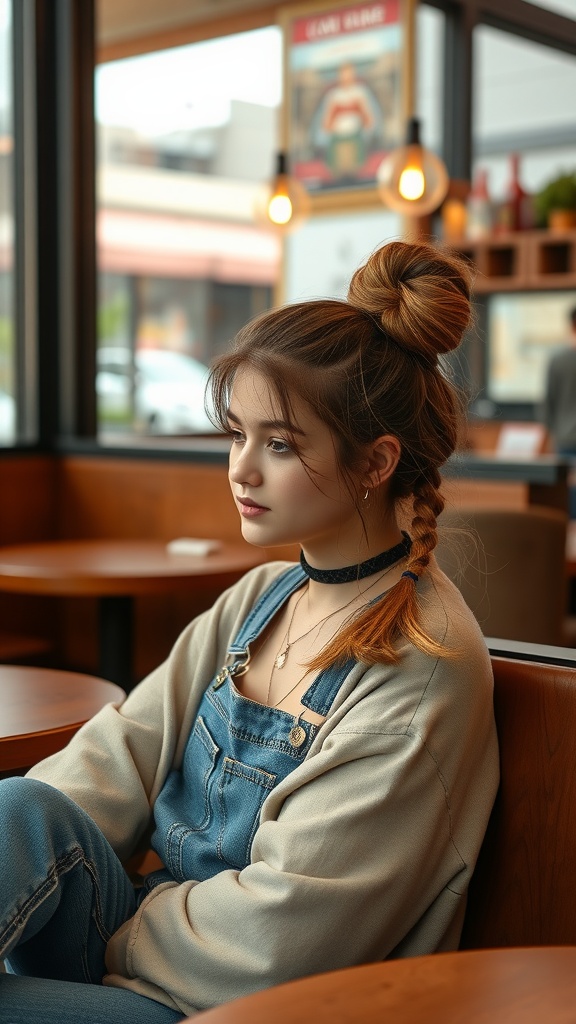 A girl with a messy bun and braids, sitting indoors in casual clothing.