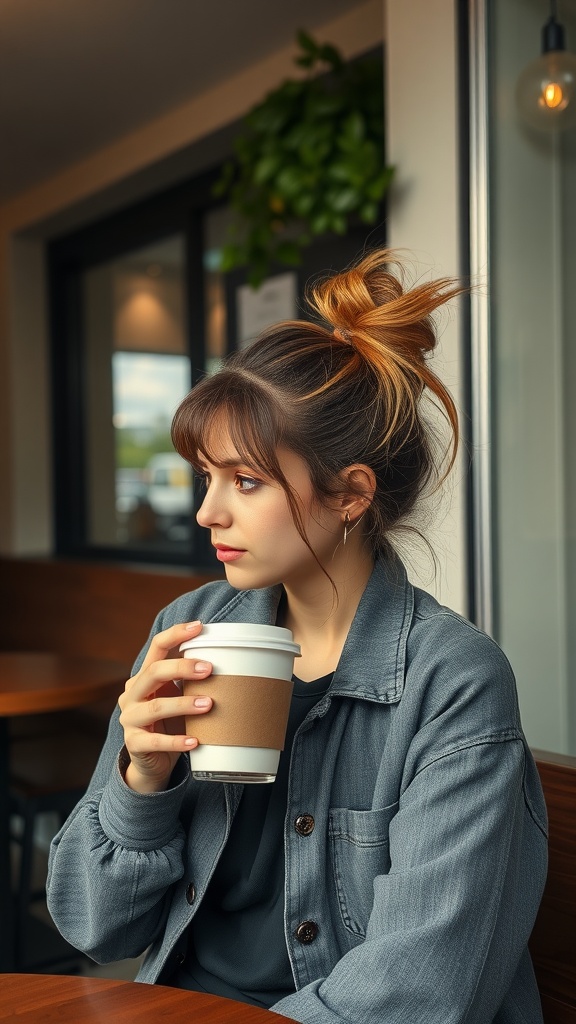 A girl with a messy bun and face-framing waves, holding a coffee cup in a cozy setting.