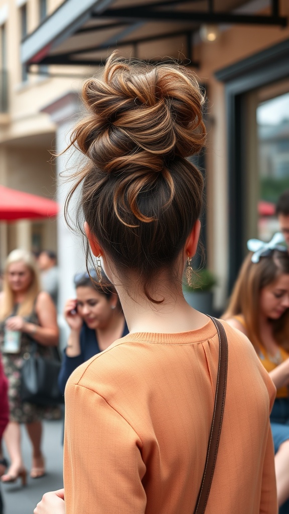 A woman with a voluminous messy bun, dressed in an orange top, is seen from the back in a lively outdoor setting.