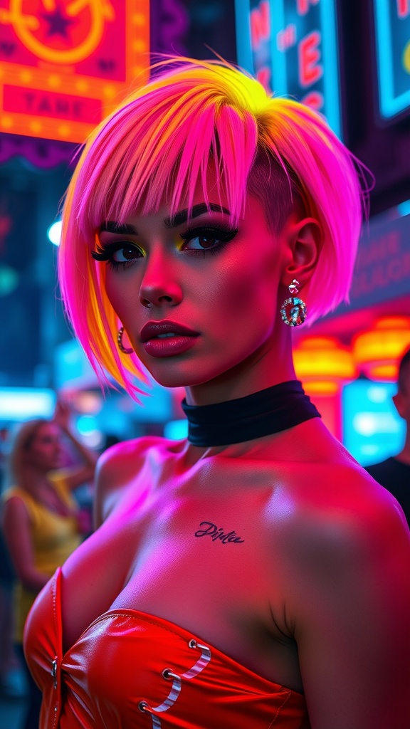 A stylish woman with a neon undercut bob hairstyle, wearing a red outfit, in a vibrant urban setting.