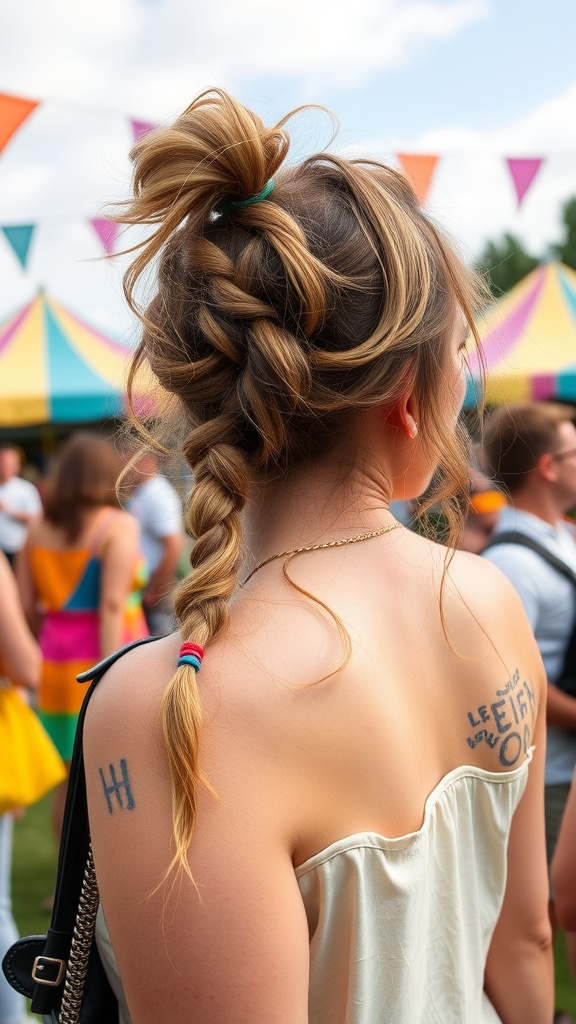 A woman with a playful blowout hairstyle featuring braids, set against a vibrant, festive background.
