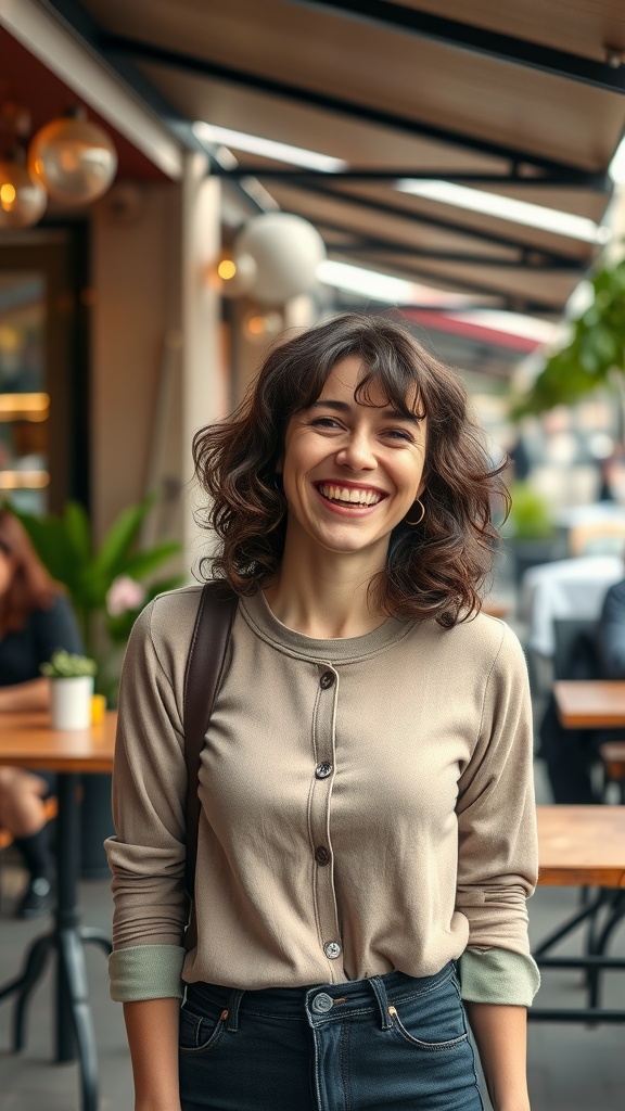 A woman with playful curly bangs smiling in a casual outfit