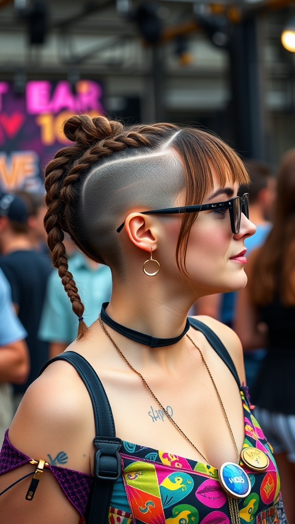 A woman with a playful undercut bob hairstyle featuring braids, wearing a colorful outfit, sunglasses, and jewelry.