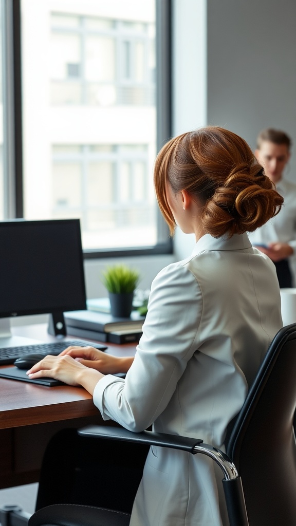 A woman with a polished blowout hairstyle, sitting at a desk in an office environment.