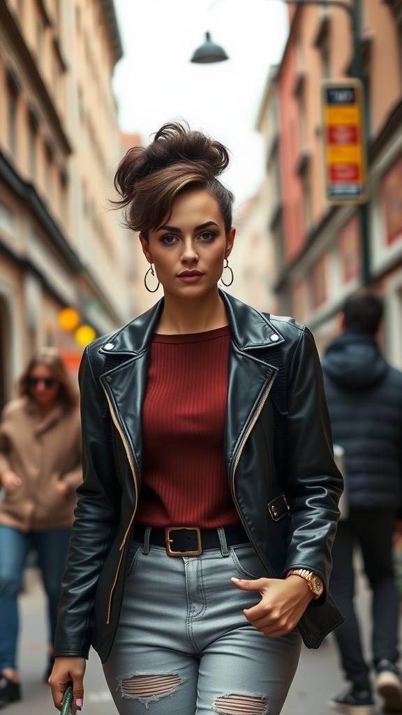 A woman in a stylish black leather jacket and red top, walking confidently in a city street with a puffed up half-up hairstyle.