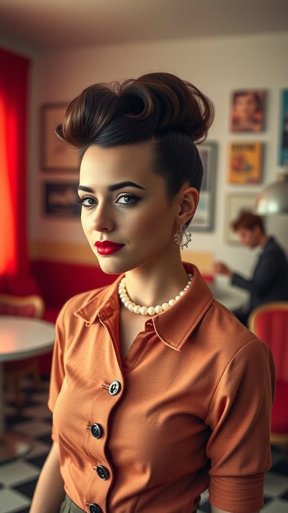 A woman with a retro pompadour hairstyle, wearing a stylish orange shirt and pearl necklace.