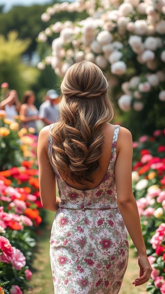 A woman with long, wavy hair styled in a romantic blowout, walking through a floral garden.
