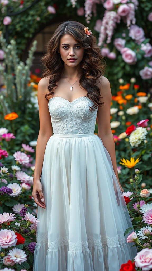A woman with romantic curls wearing a white dress surrounded by colorful flowers.