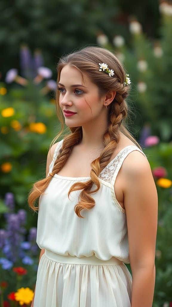 A girl with wavy hair styled in half-up braids, adorned with white flowers, standing in a garden filled with colorful flowers.