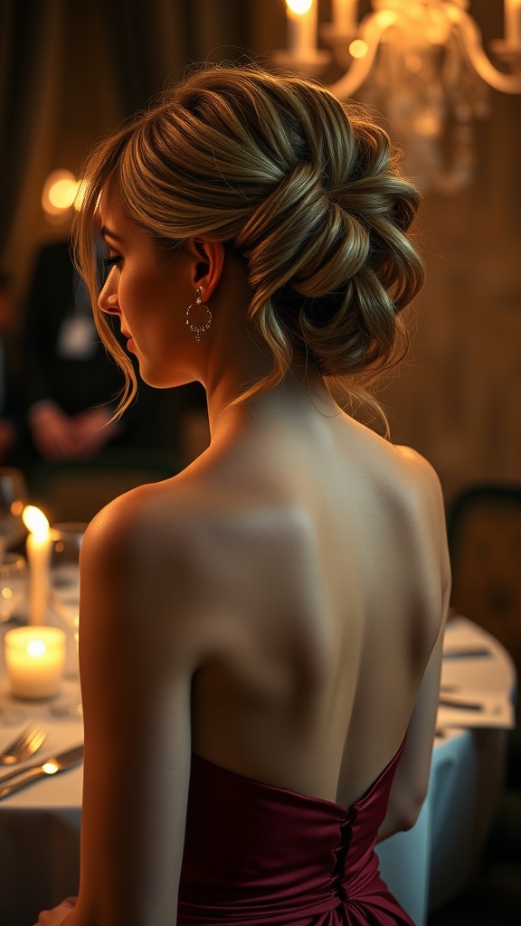 A woman with a romantic loose updo hairstyle, wearing a red dress, seated at a dining table with candles.