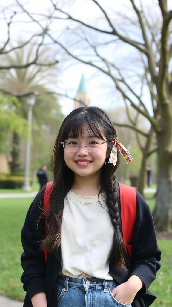A girl smiling with a side braid adorned with a colorful ribbon, wearing a casual outfit.