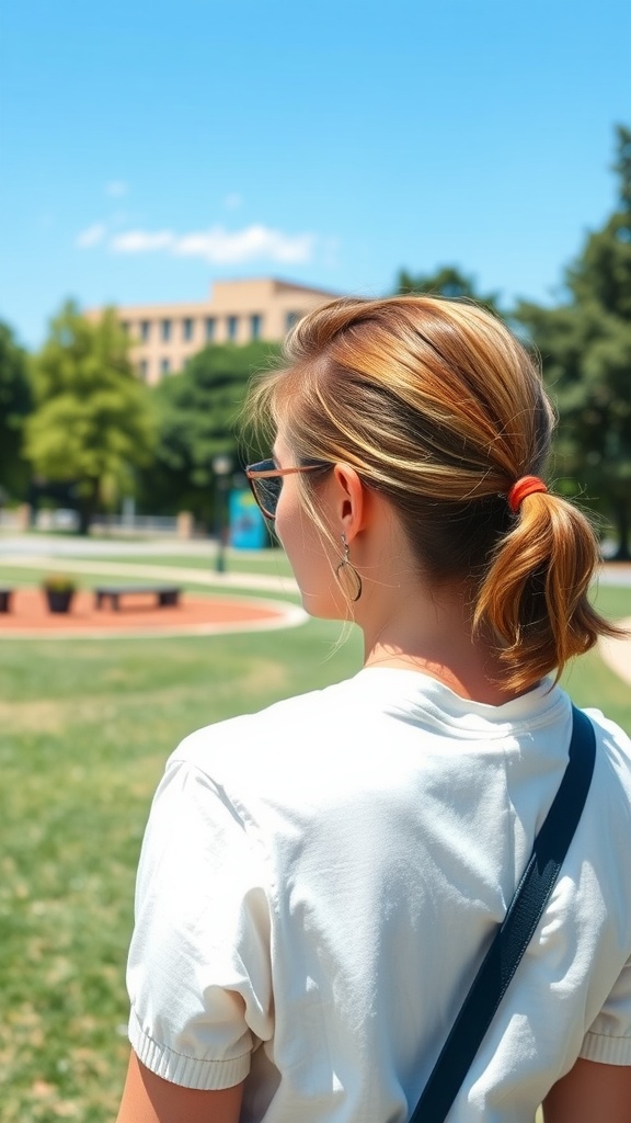 A woman with long hair styled in a simple low ponytail, wearing a casual white top, enjoying a sunny day outdoors.
