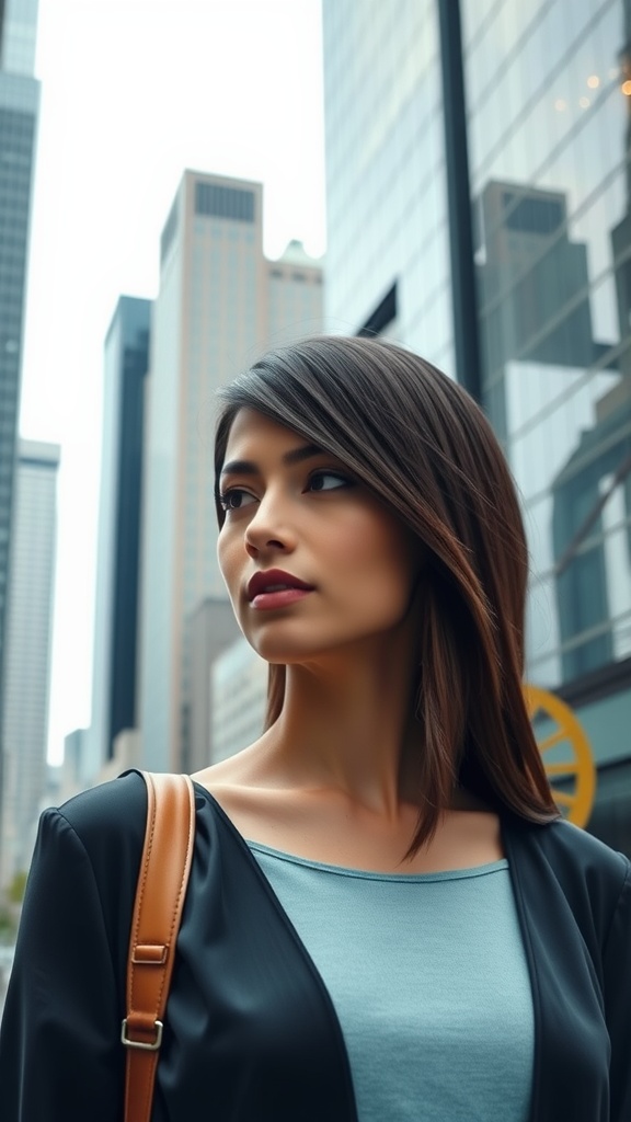 A woman with sleek, straight hair standing in the city