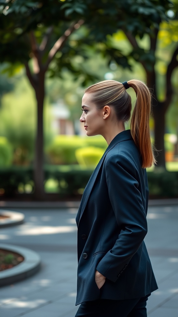 A woman with a sleek high ponytail, wearing a stylish dark suit, standing outdoors in a green environment.