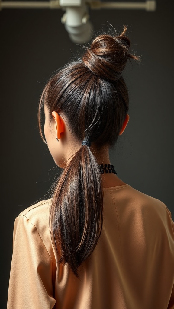 A woman with long hair styled in a sleek high ponytail, wearing a stylish top.