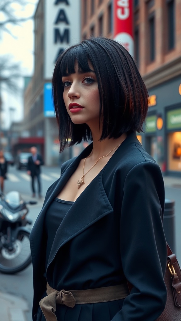 A woman with a sleek layered haircut, wearing a stylish outfit, standing against a city backdrop.
