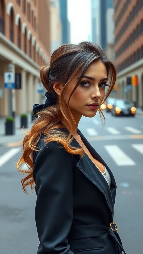 A young woman with wavy hair styled in a sleek low ponytail, wearing a fitted black outfit while standing on a city street.
