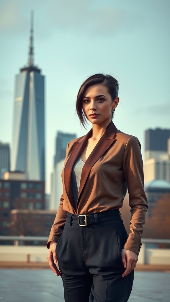 A woman with long hair styled in a sleek middle part, wearing a fashionable outfit in an urban setting.