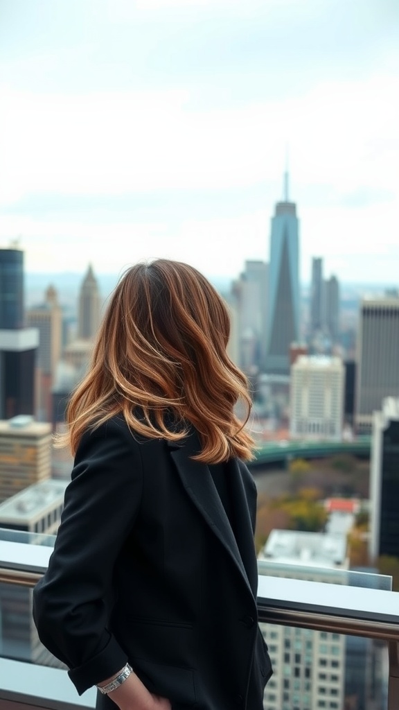 A woman with loose waves and a sleek side part, dressed elegantly, overlooking a city skyline.