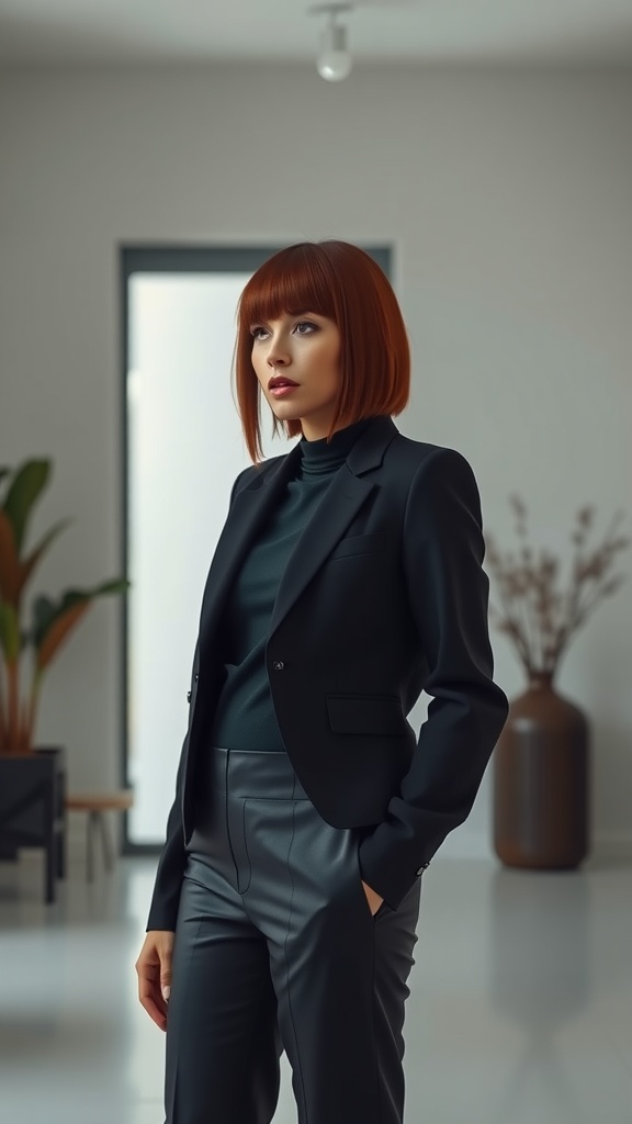 A stylish woman with a sleek straight undercut bob, wearing a blazer and pants, standing in a modern, bright indoor space.