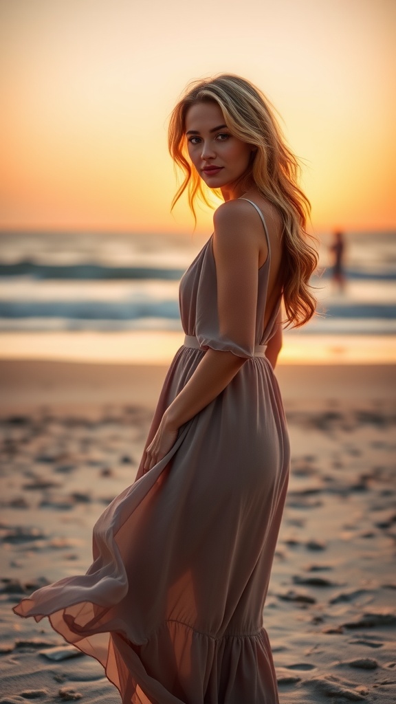 A woman with soft beach waves, wearing a flowing dress, standing on the beach at sunset.
