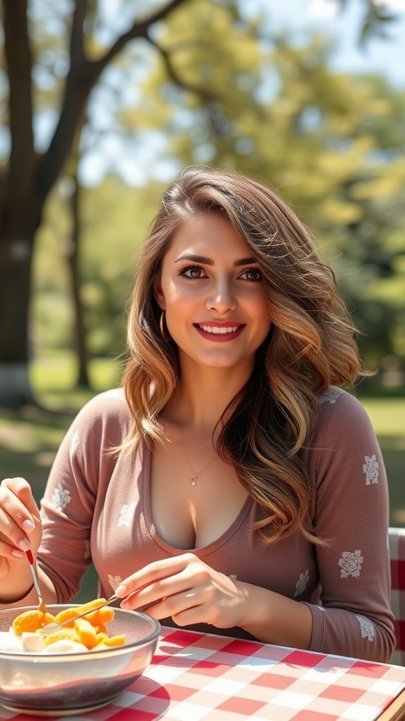 A woman enjoying a bowl of fruit, showcasing soft waves and face-framing layers.