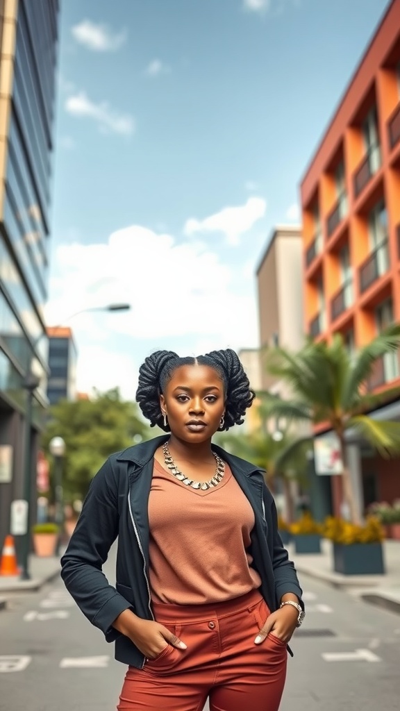A confident woman stands in a city street, showcasing her stylish Bantu knots hairstyle.